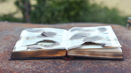 Obraz premium An open book with burnt pages after a fire