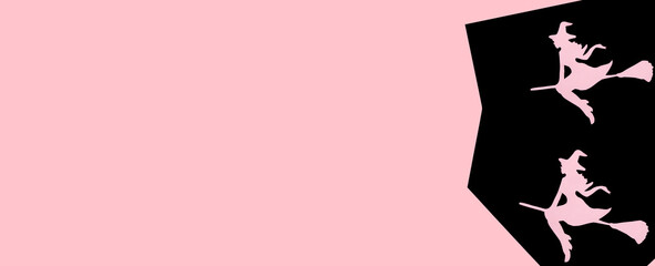 pink banner with black part on the right side where two pink paper witches are flying, creative art design, halloween concept, flat lay, paper craft
