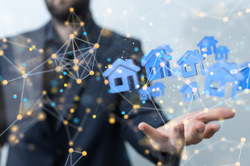 home iot - Neural network 3D illustration. Big data and cybersecurity