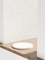 3d marble display podium on wooden floor against white