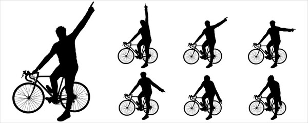 A guy in a bicycle helmet holds on to the handlebars of his bike with one hand and points in different directions with the other. The cyclist stands next to the bike. Silhouettes isolated on white
