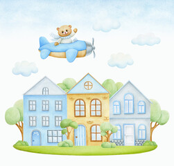 Watercolor teddy bear pilot, bear on plane, teddy bear flying. Watercolor houses