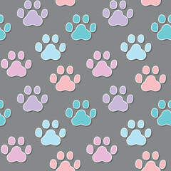 Animals colorful cartoon paws prints seamless pattern. Cute  footprints shape on dark background. Print for textiles and wallpaper. Vector illustration.