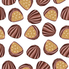 Seamless pattern of chocolates on a white background.Vector pattern for textiles, candy packages.