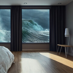 Fototapeta premium Dreaming of waves crashing outside the bedroom window. 3D illustration.
