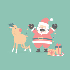 merry christmas and happy new year with cute santa claus and reindeer in the winter season, flat vector illustration cartoon character costume design