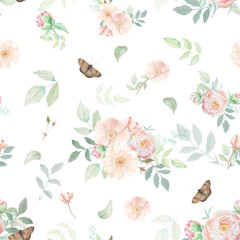 Watercolor seamless pattern with pink flowers, white background