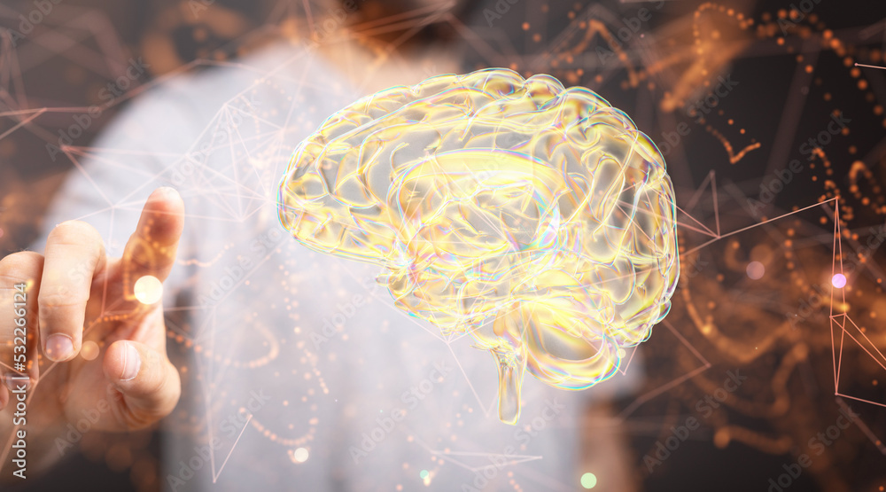 Poster 3d rendering of human brain on technology background