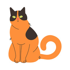 Fluffy Cat with Ginger Spotted Coat and Curved Tail Sitting Vector Illustration