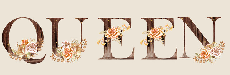 Watercolor brown letters, decorated with flowers beige peach roses and leaves with berries, exotic, boho.Holiday decoration, hand painted . Monogram initials perfect for wedding invitations, greeting 