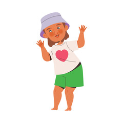 Playful Barefoot Little Girl Wearing Bucket Hat Enjoying Summer Vector Illustration