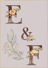 Watercolor brown letters, decorated with flowers beige peach roses and leaves with berries, exotic, boho.Holiday decoration, hand painted . Monogram initials perfect for wedding invitations, greeting 