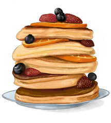 Pancakes, delicious pastries with berries and orange slices