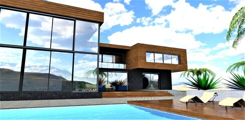 The view of a person leaving the pool at a wooden deck with couchettes located in the recreation area of a stylish country house with a glass facade. 3d render. - obrazy, fototapety, plakaty