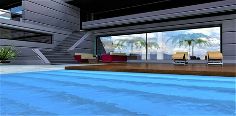 View from the pool with steps translucent under the blue clear water to a wonderful patio with deck chairs in the courtyard of a futuristic country house. 3d render.