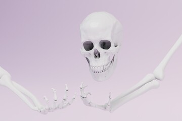 preparation for Halloween. skull and bones of the hands on a pastel background. 3D render