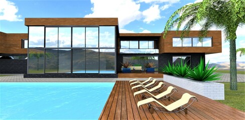A wonderful recreation area of a modern country house with a swimming pool, decking and sun loungers under palm trees. 3d render.