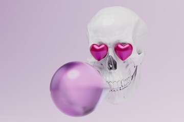 the skull of a man in whose eyes are hearts and a bubble on a pastel background. 3D render