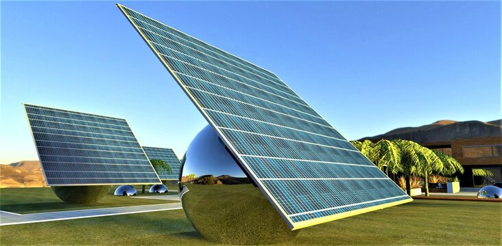 The energy independence of the estate is provided by autonomous solar power plants. The panel is mounted on a ball with a built-in tracker for its rotation. 3d render.
