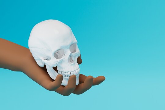 obtaining medical education. an African-American man holds a man's skull in his hand. copy paste, copy space. 3D render