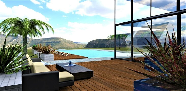 Wonderful patio with furniture and flowerpots with plants on a wooden deck overlooking the pool and a wonderful mountain landscape. 3d render.