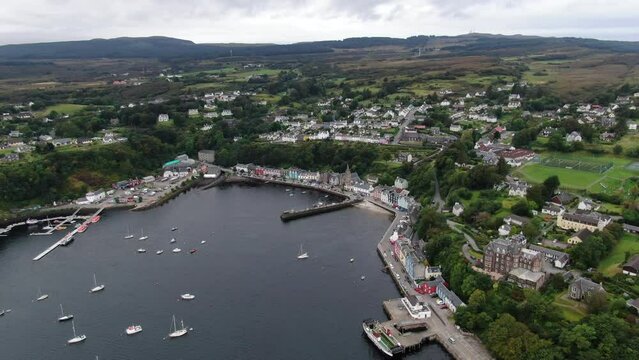 Aerial view on the Tobermory, UK now the main town on Mull island at the cloudy weather