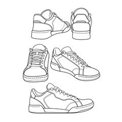 Set of hand drawn sneakers, gym shoes, top view. Image in different views - front, back, top, side, sole and 3d view. Doodle vector illustration. 