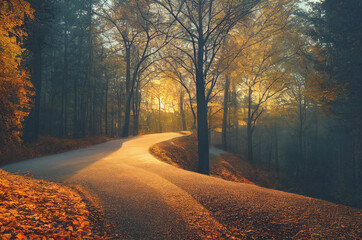 Naklejka na ściany i meble curvy road in colorful autumn forest in sunset light digital illustration