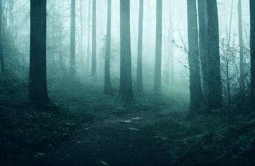 Naklejka premium dark misty forest in autumn digital illustration