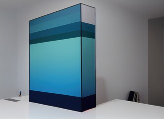 Blue block symmetrical shape on empty desk. 3d art.
