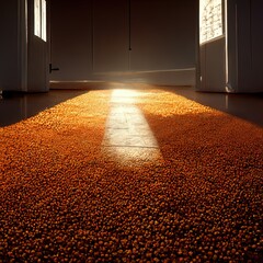 Floor covered with orange seeds. Digital illustration.