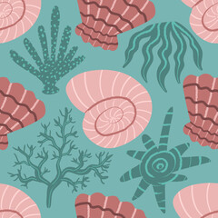 vector rough ethnic shellfish and coral brush stroke lines seamless pattern on green