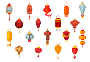 Red Paper Chinese Lantern of Cylindrical Shape with Hanging Tassel Big Vector Set