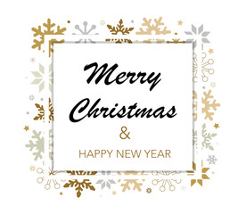 Fototapeta na wymiar Merry Christmas and New Year card. Christmas concept with snowflakes in gold and silver colors. Vector graphics