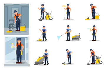 Man and Woman Cleaning Service Staff Wearing Uniform with Mop and Vacuum Cleaner Vector Set