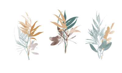 Set bouquet of branches and leaves watercolor