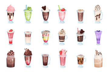 Coffee and Smoothie as Cool Dessert Drink with Whipped Cream and Sprinkles in Glass Vector Set