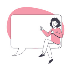 Communication Speech Bubble with Woman Character Sitting Near It Vector Illustration