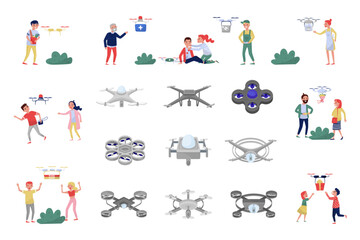 People Characters Receiving First Aid Kit, Pizza, Bouquet Delivery by Quadcopter or Drone Vector Set