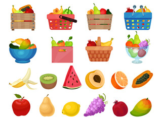 Fresh and Ripe Fruits in Basket, Crate and Bowl as Juicy Summer Food Big Vector Set