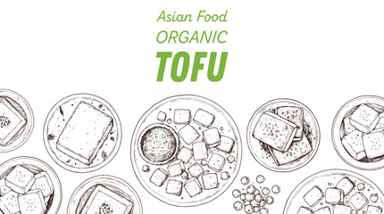 Tofu top view. Hand drawn vector illustration. Tofu sketch. Asian food. Tofu dish. Vegan food. Vintage design template. Product design. Great for packaging, recipe book, menu.