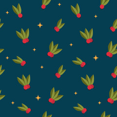 Seamless pattern with Holly. Christmas pattern with cute elements. Vector illustration in flat style, beautiful Christmas plants