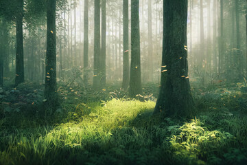 beautiful magic forest in the sunny foggy view.