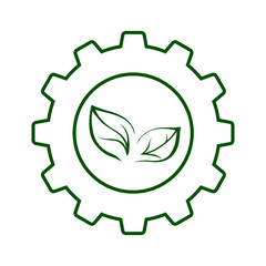 Line icon of green leaves in cogwheel. Symbol of green, sustainable and environment friendly industry or agroindustrial sector. Vector Illustration