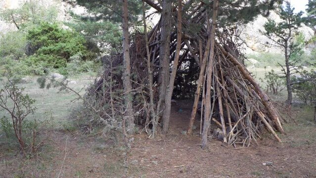 Static plane of a small teepee hut in the forest, Teruel, Spain
