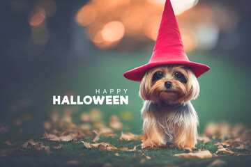 Yorkshire terrier dog dressed as a witch for Halloween in autumn background, Happy Halloween Day, 3d illustration.