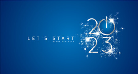 Start of Happy New Year 2023 silver white shining stars rounded typography blue background banner with turn on button icon