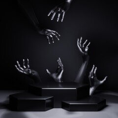 abstract of studio room, background with figure hand of mannequin, spotlight on stage of podium product pedestal showcase, 3d illustration rendering