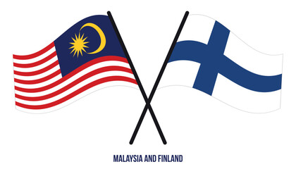 Malaysia and Finland Flags Crossed And Waving Flat Style. Official Proportion. Correct Colors.