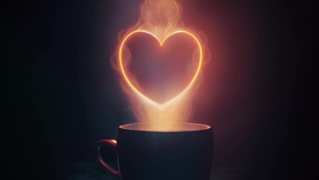 A warm and creative concept of loving a cup of coffee or hot chocolate with a bright heart shape made from the drinks vapor steam. 3D rendered image